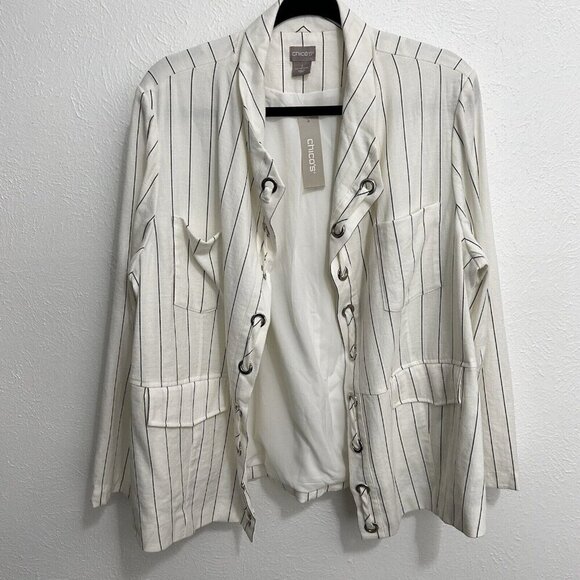 Chico’s Striped Lined Jacket Women’s 3 (XL) Ivory Blazer Laced Open Front NWT - Picture 1 of 11